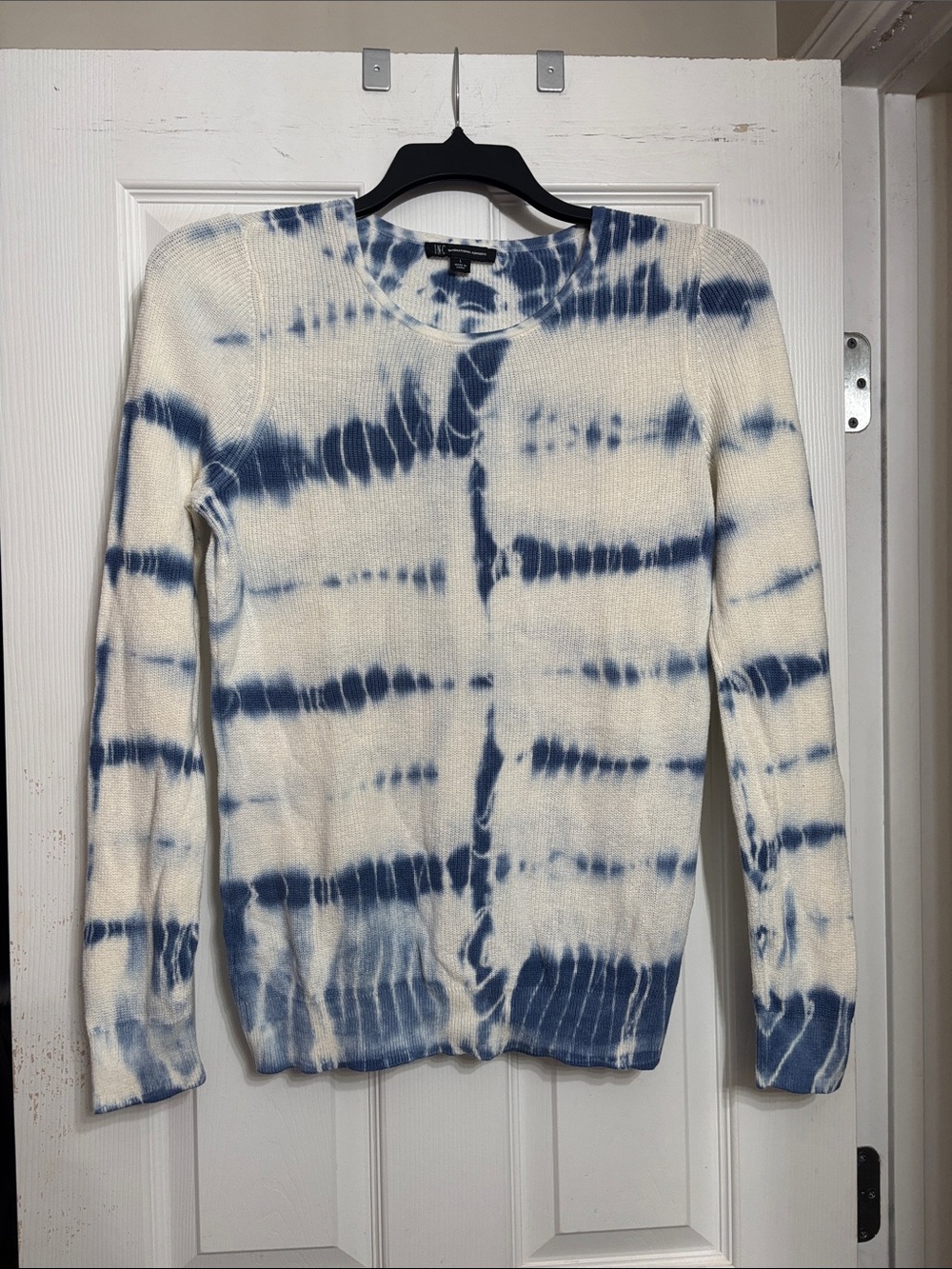 INC International Concepts White and Blue Tie-Dye Crewneck Sweater